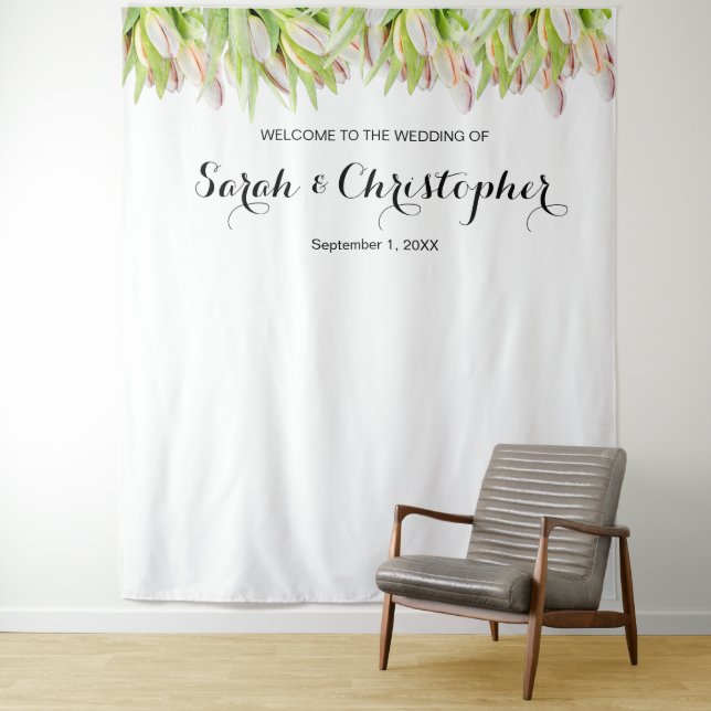 Personalised Wedding Photo Backdrop | Pink Tulips Tapestry (In Situ)