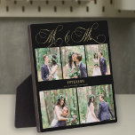 Personalised wedding photo collage Mr and Mrs Plaque<br><div class="desc">Elegant classic faux gold romantic calligraphy script Mr. and Mrs. 5 photo collage,  name and wedding date personalised black plaque.</div>