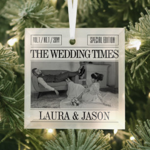 Personalised Wedding Photo Ornament, Newspaper Glass Tree Decoration