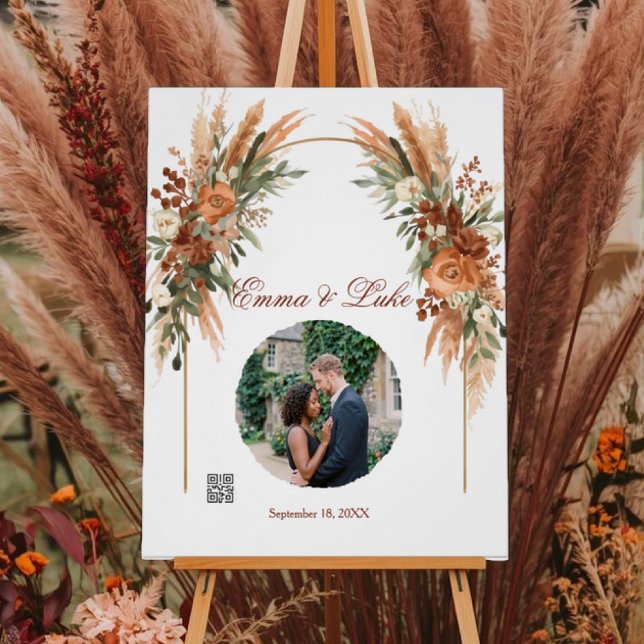 Personalised Wedding Photo QR Code Sign | Rustic (Personalized wedding QR code sign with photo, boho florals, custom names, and wedding website.)