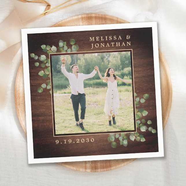 Personalised Wedding Photo Rustic Wood Greenery Napkin (Creator Uploaded)