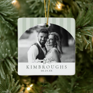 Personalised Wedding Photo Sage Stripes Newlywed Ceramic Ornament