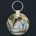 Personalised Wedding Photo With Modern Calligraphy Key Ring<br><div class="desc">The design has white rectangular frame on the lower side and modern calligraphy texts which can be customised to your preference. Replace the picture in the centre with your own wedding photo. It will make a lovely custom made wedding favour gifts for your guests or for your own keepsake.</div>