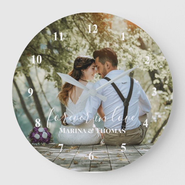 Personalised Wedding Photo With Modern Calligraphy Large Clock (Front)