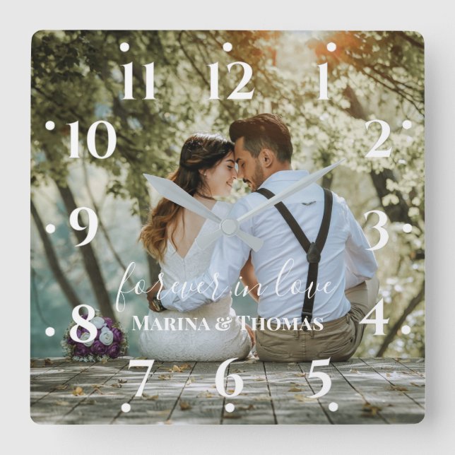 Personalised Wedding Photo With Modern Calligraphy Square Wall Clock (Front)