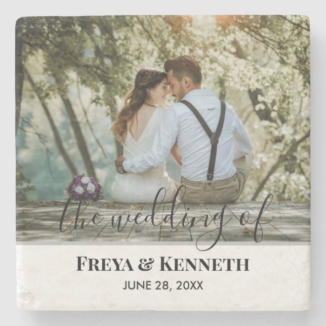 Personalised Wedding Photo With Modern Calligraphy Stone Coaster (Front)