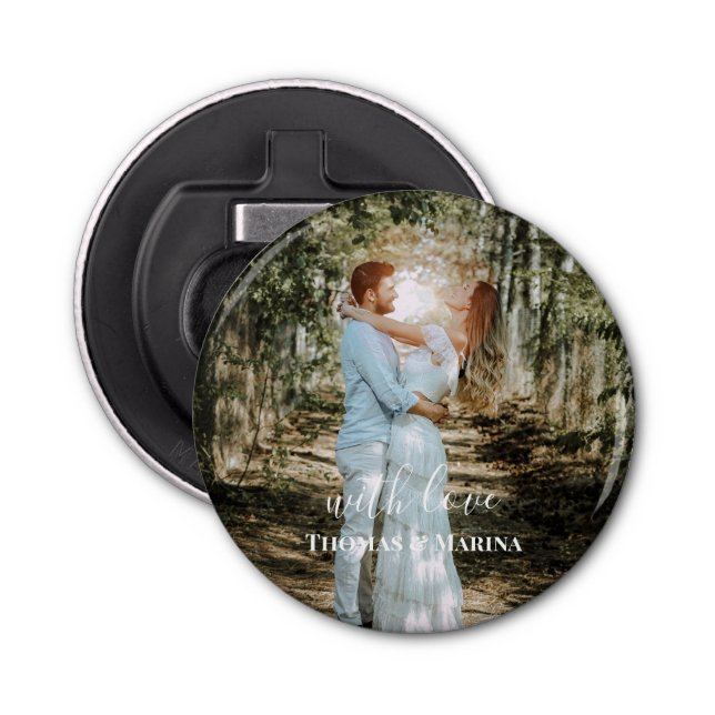 Personalised Wedding Portrait Modern Calligraphy Bottle Opener (Front)