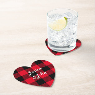 Personalised Wedding Red and Black Buffalo Plaid Paper Coaster