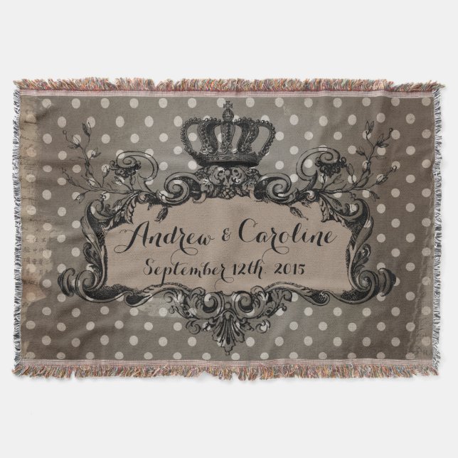 Personalised Wedding Royal Crown on Dots Throw Blanket (Front)