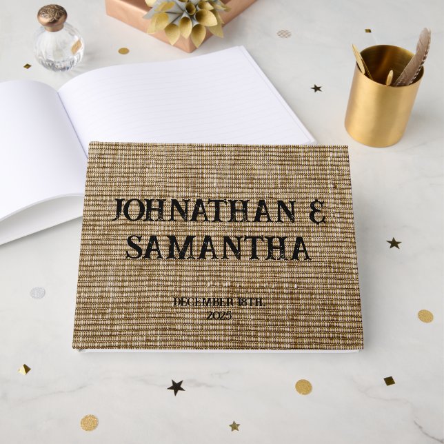Personalised wedding rustic burlap nature pattern guest book (Front Open)