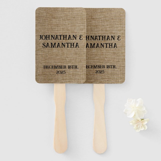 Personalised wedding rustic burlap nature pattern hand fan (Front and Back)