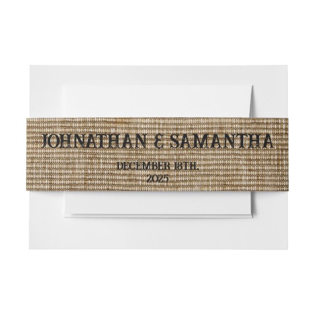 Personalised wedding rustic burlap nature pattern invitation belly band (Front Example)