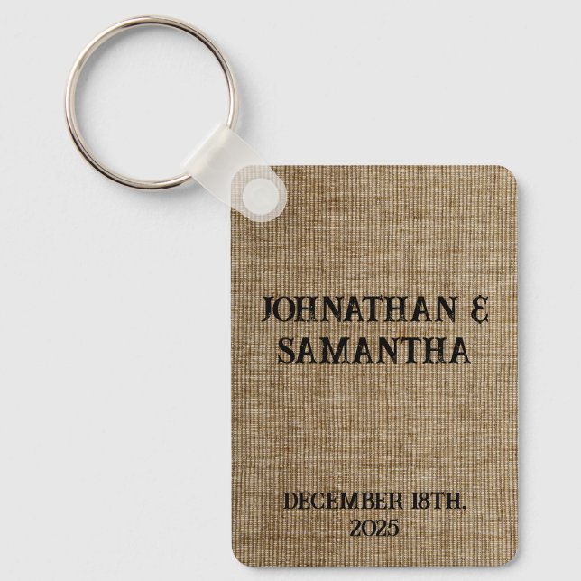 Personalised wedding rustic burlap nature pattern key ring (Front)