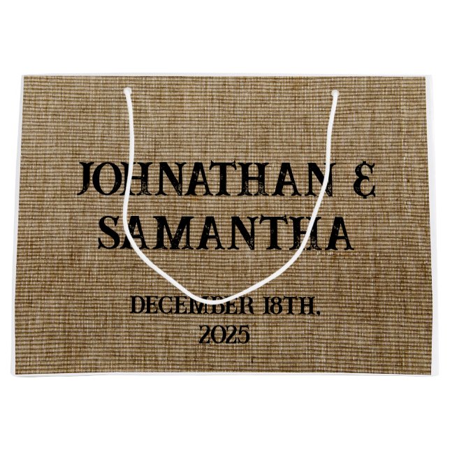 Personalised wedding rustic burlap nature pattern large gift bag (Front)