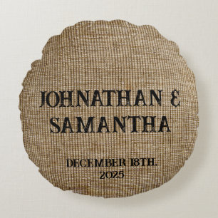 Personalised wedding rustic burlap nature pattern round cushion