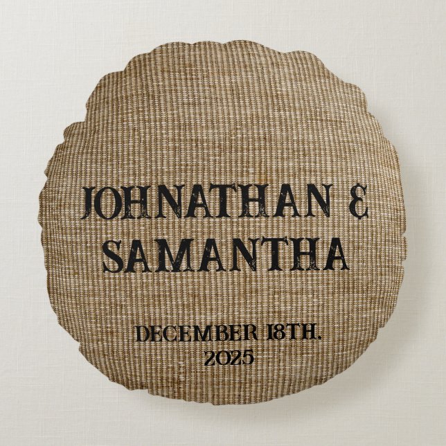 Personalised wedding rustic burlap nature pattern round cushion (Front)