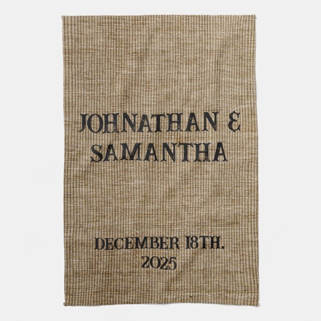 Personalised wedding rustic burlap nature pattern tea towel (Vertical)
