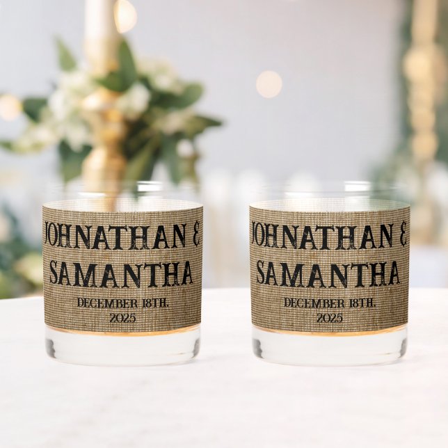 Personalised wedding rustic burlap nature pattern whiskey glass (Insitu (Wedding))