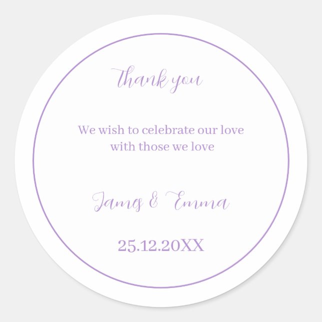 Personalised Wedding Simple Purple Classic Round Sticker (Front)