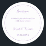 Personalised Wedding Simple Purple Classic Round Sticker<br><div class="desc">Personalised Wedding sticker,  features purple colour,  you can change couple name,  and date,  and your messeage for guest,  please click on the "personalisation" link.</div>
