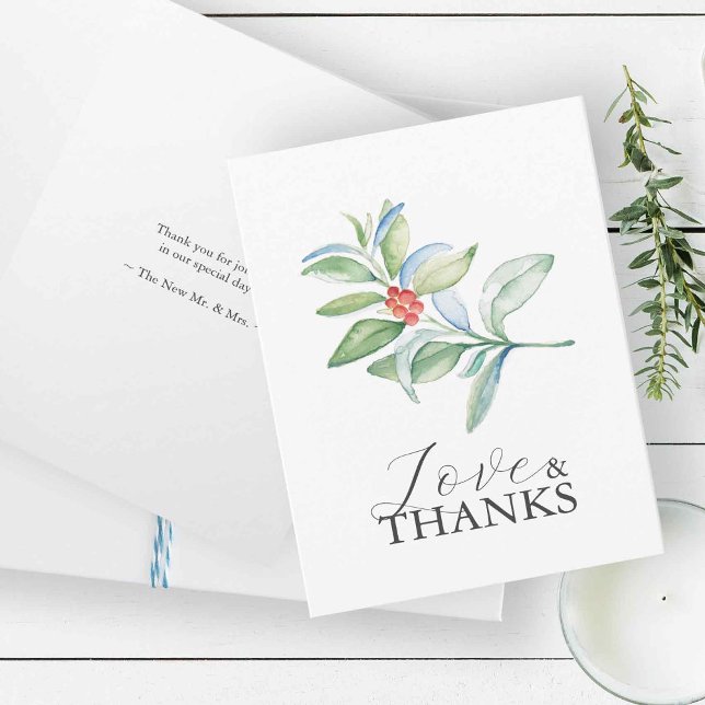 Personalised Wedding Thank You Cards Christmas (Christmas thank you cards features watercolor red and green botanicals.)