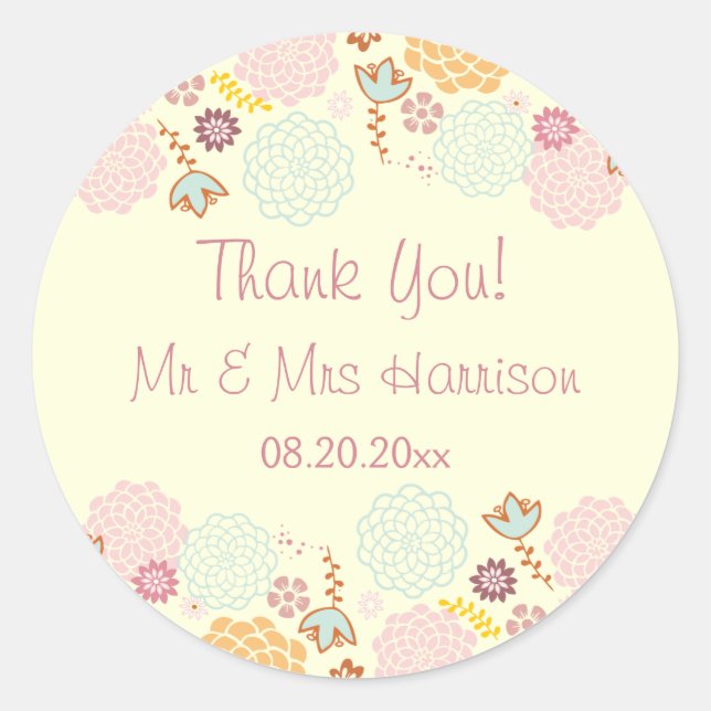 Personalised Wedding Thank You Fancy Modern Floral Classic Round Sticker (Front)