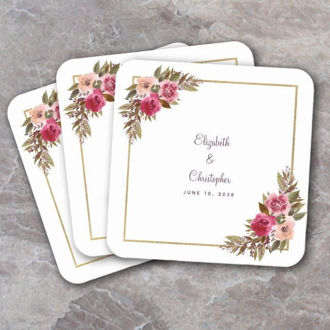 Personalised Wedding Watercolor Elegant Floral Square Paper Coaster (Creator Uploaded)
