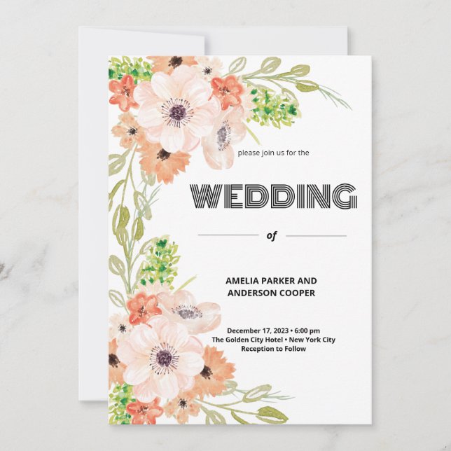 Personalised Wedding Watercolor Floral Invitation (Front)