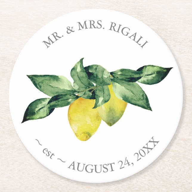 Personalised Wedding Watercolor Lemon  Round Paper Coaster (Front)