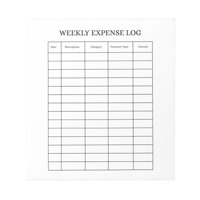 Personalised Weekly Expense Log Notepad (Front)