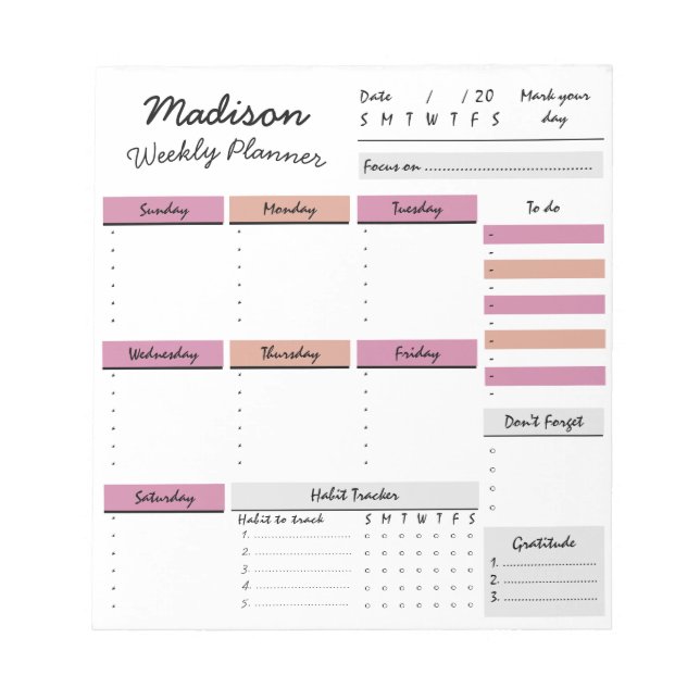 Personalised Weekly Planner Custom Notepad (Front)