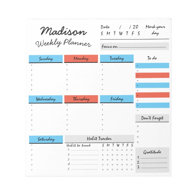 Personalised Weekly Planner Custom Notepad (Front)