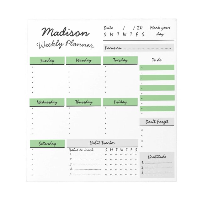 Personalised Weekly Planner Custom Notepad (Front)