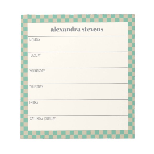 Personalised Weekly Planner Retro Mint Chequered Notepad (Front)