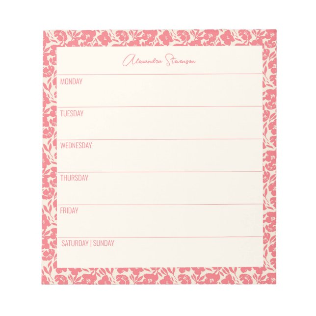 Personalised Weekly Planner Vintage Red Floral Notepad (Front)