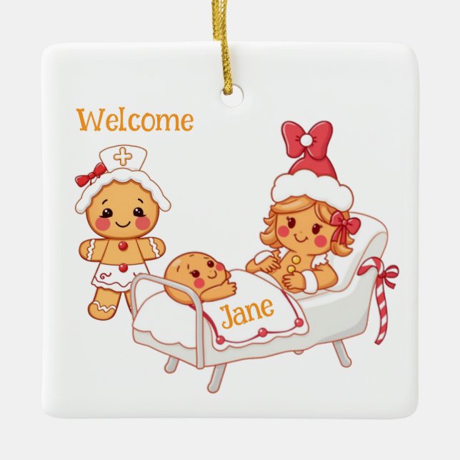 Personalised Welcome New Gingerbread Baby Ceramic Ornament (Front)