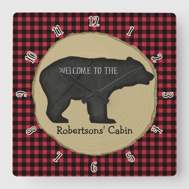 Personalised Welcome Sign Lumberjack Bear Cabin Square Wall Clock (Front)