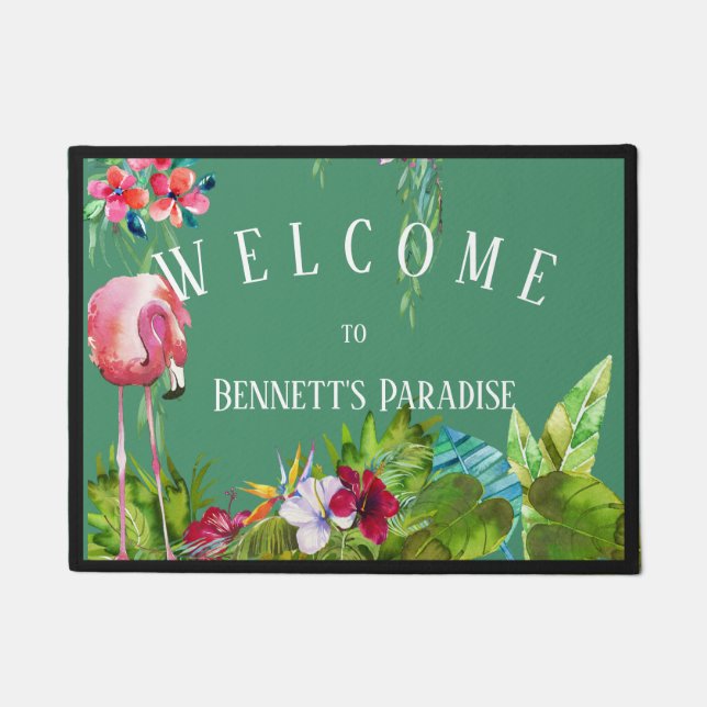 Personalised Welcome To Flamingo Paradise Doormat (Front)