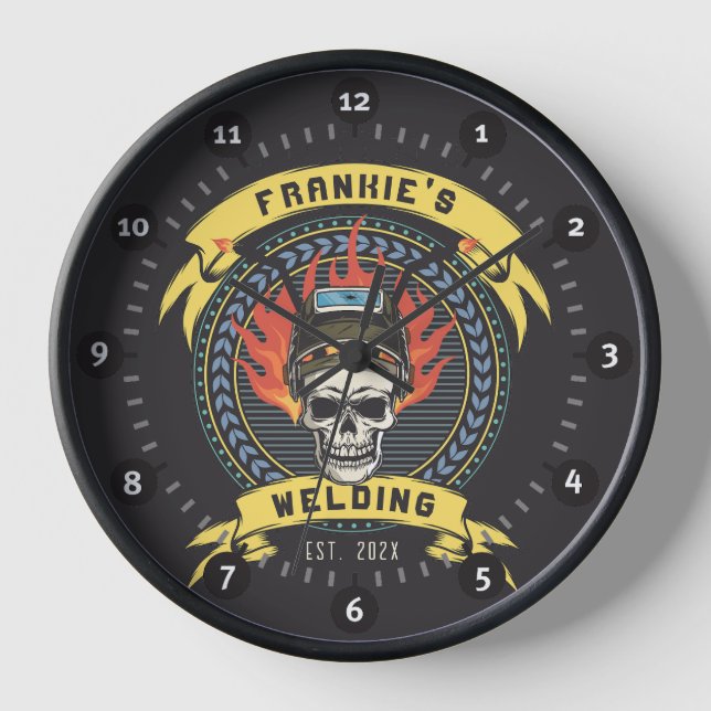 Personalised Welder Skull Worker Welding Workshop Clock (Front)