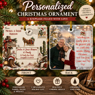 Personalised Western Christmas Postcard Ceramic Ornament