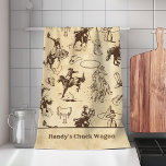 Personalised Western Rodeo Cowboy Cowgirl  Tea Towel<br><div class="desc">This personalised Western themed kitchen towel pattern with a variety of rodeo cowboys in action riding,  roping,  and bronc busting,  interspersed with saddles,  boots,  and hats,  on a vintage background.</div>