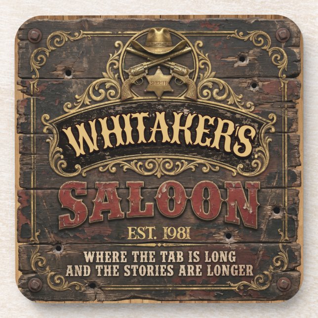 Personalised Western Saloon Rustic Man Cave Home Coaster (Front)