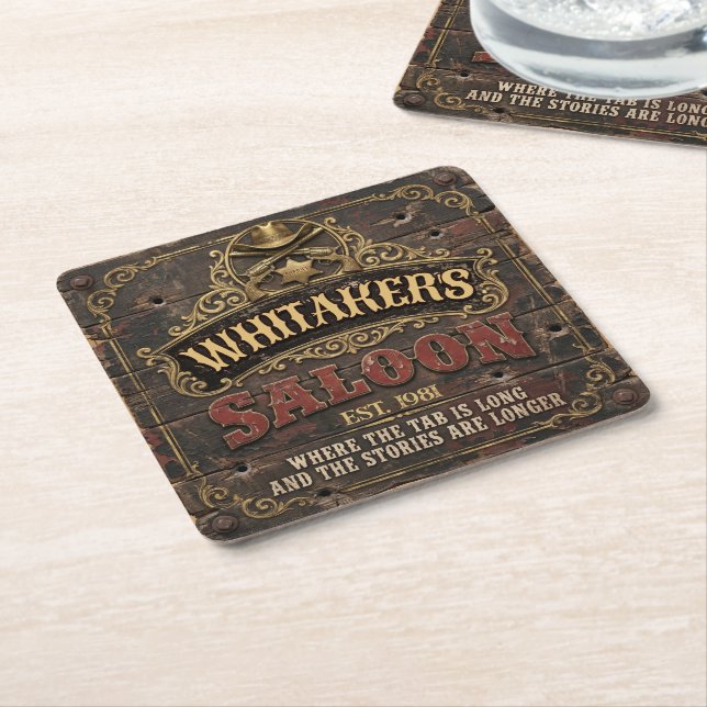 Personalised Western Saloon Rustic Man Cave Home Square Paper Coaster (Angled)