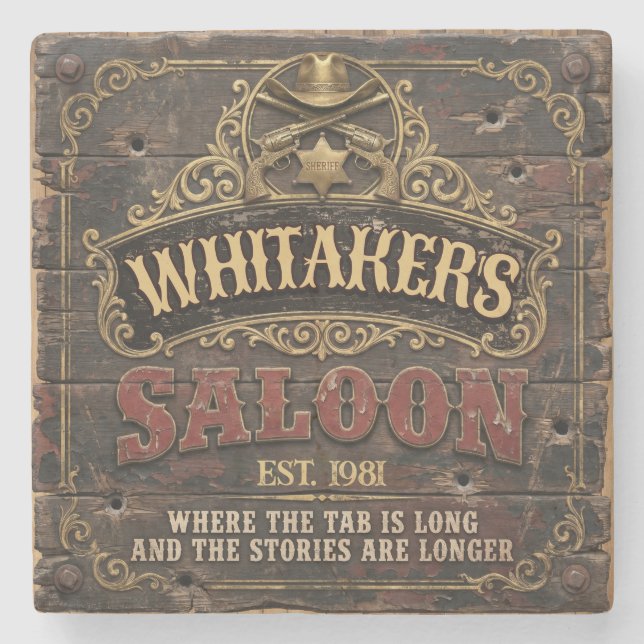 Personalised Western Saloon Rustic Man Cave Home Stone Coaster (Front)