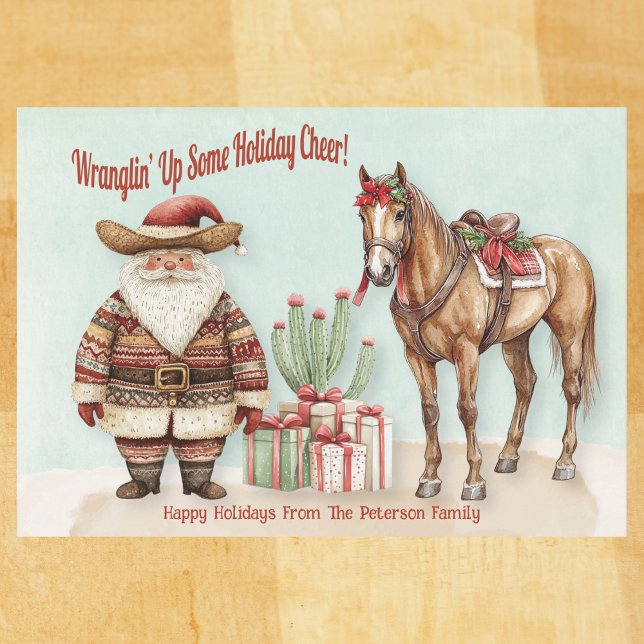 Personalised Western Santa Holiday Card (Western Santa watercolor card with cactus, horse, and gifts – Wranglin’ Up Some Holiday Cheer!

)