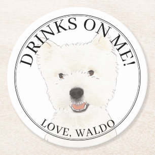 Personalised Westie Highland Terrier Dog Wedding Round Paper Coaster