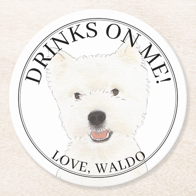 Personalised Westie Highland Terrier Dog Wedding Round Paper Coaster (Front)