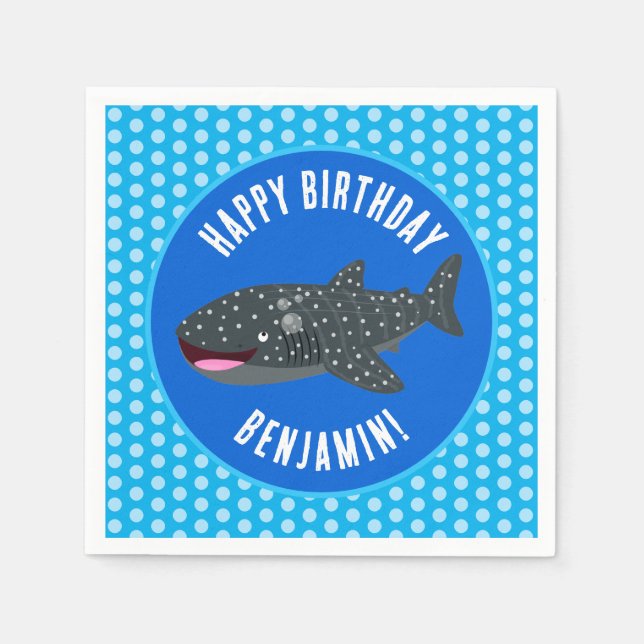 Personalised whale shark happy birthday cartoon napkin (Front)