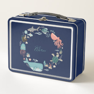 Personalised Whale Under the Sea Watercolor Name Metal Lunch Box