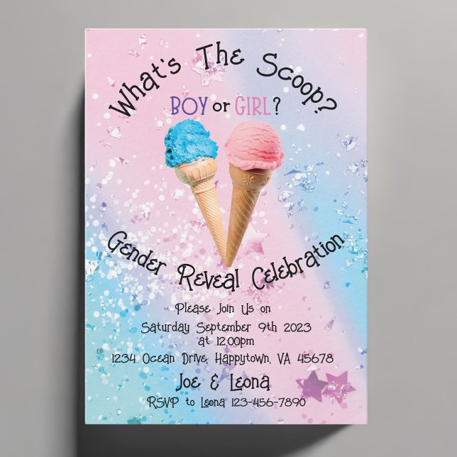 Personalised What's The Scoop Gender Reveal Invitation (What's The Scoop Ice Cream Gender Reveal Party Invitation)